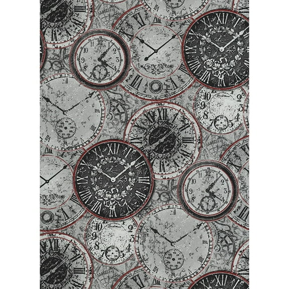 Concord Wallcoverings Textured Wallpaper graphic vintage Featuring clocks, grey black red, 21 In x 33 Ft (56 sq. ft), 6435-06