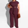 thumbnail image 2 of Conjunto de tops de ocio y pantalones largos de talla grande para mujer de manga corta sólida con cuello en O Wmkox8yi  bvn1662, 2 of 8