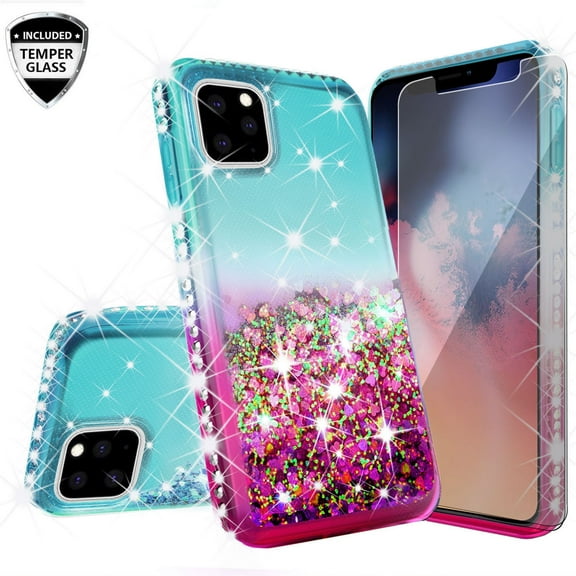 Compatible for Apple iPhone 11 Case, with [Tempered Glass Screen Protector] SOGA Diamond Liquid Quicksand Cover Cute Girl Women Phone Case - Purple on Aqua