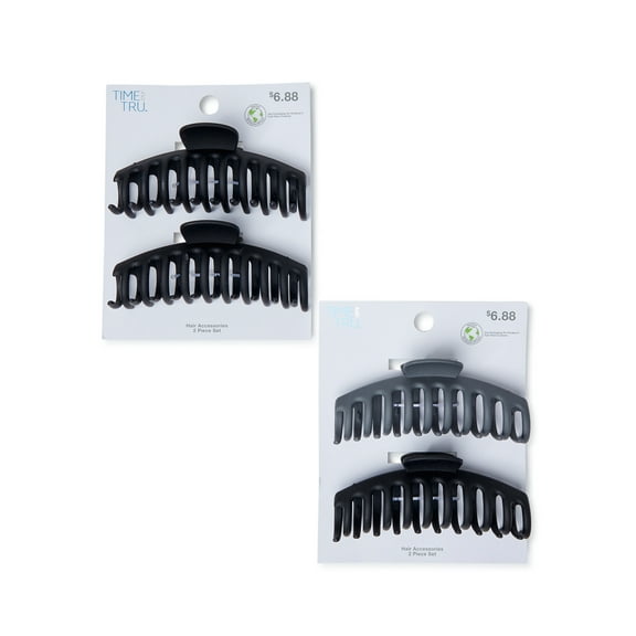 Time and Tru Adult Women's Black/Grey Claw Hair Clips, 4-Pack