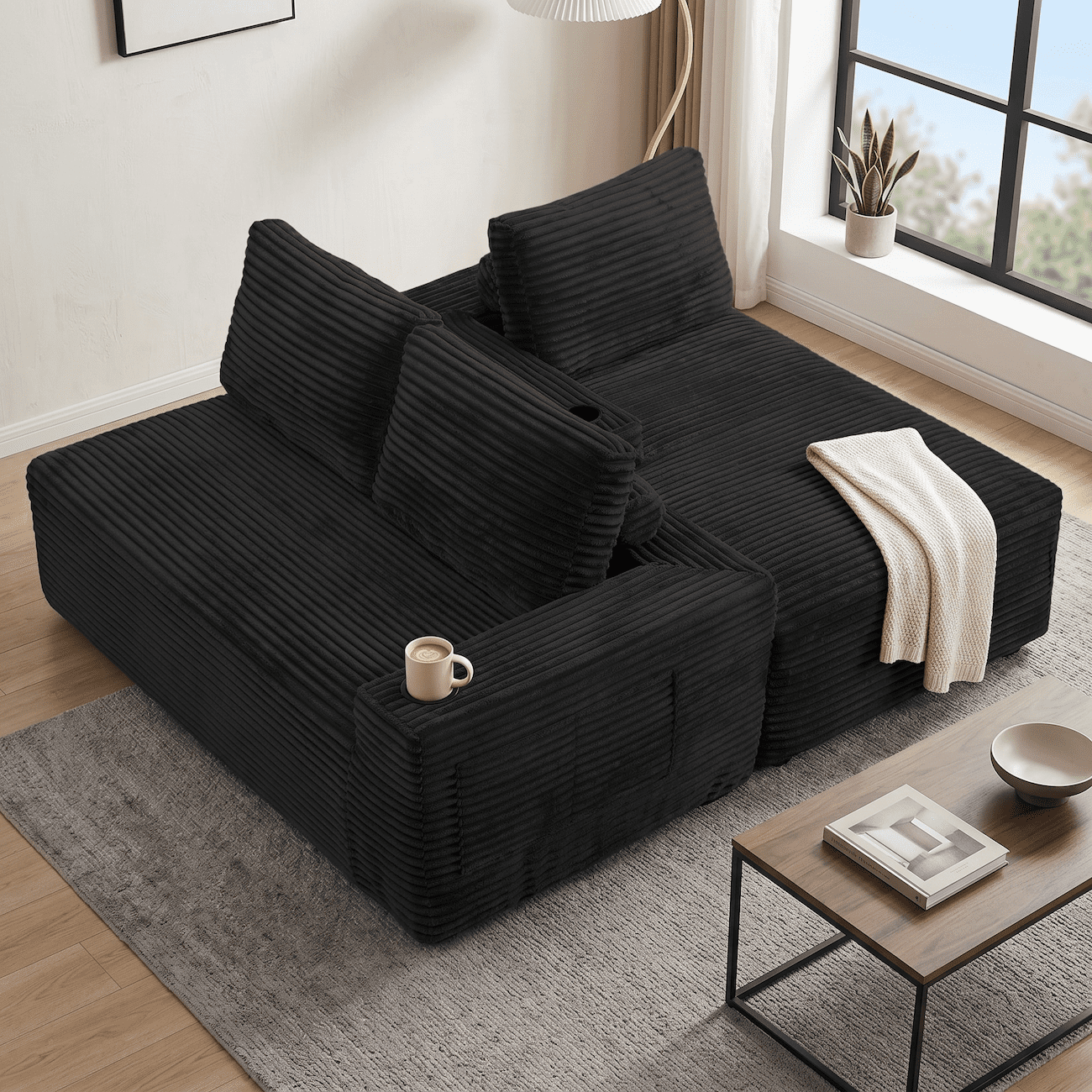 104" Modular Sectional Sofa, L-Shaped Couch with Convertible Chaise, Corduroy Deep Seat Comfy Sectional with Storage Pockets & Cup Holders, No Assembly Couch for Living Room, Black