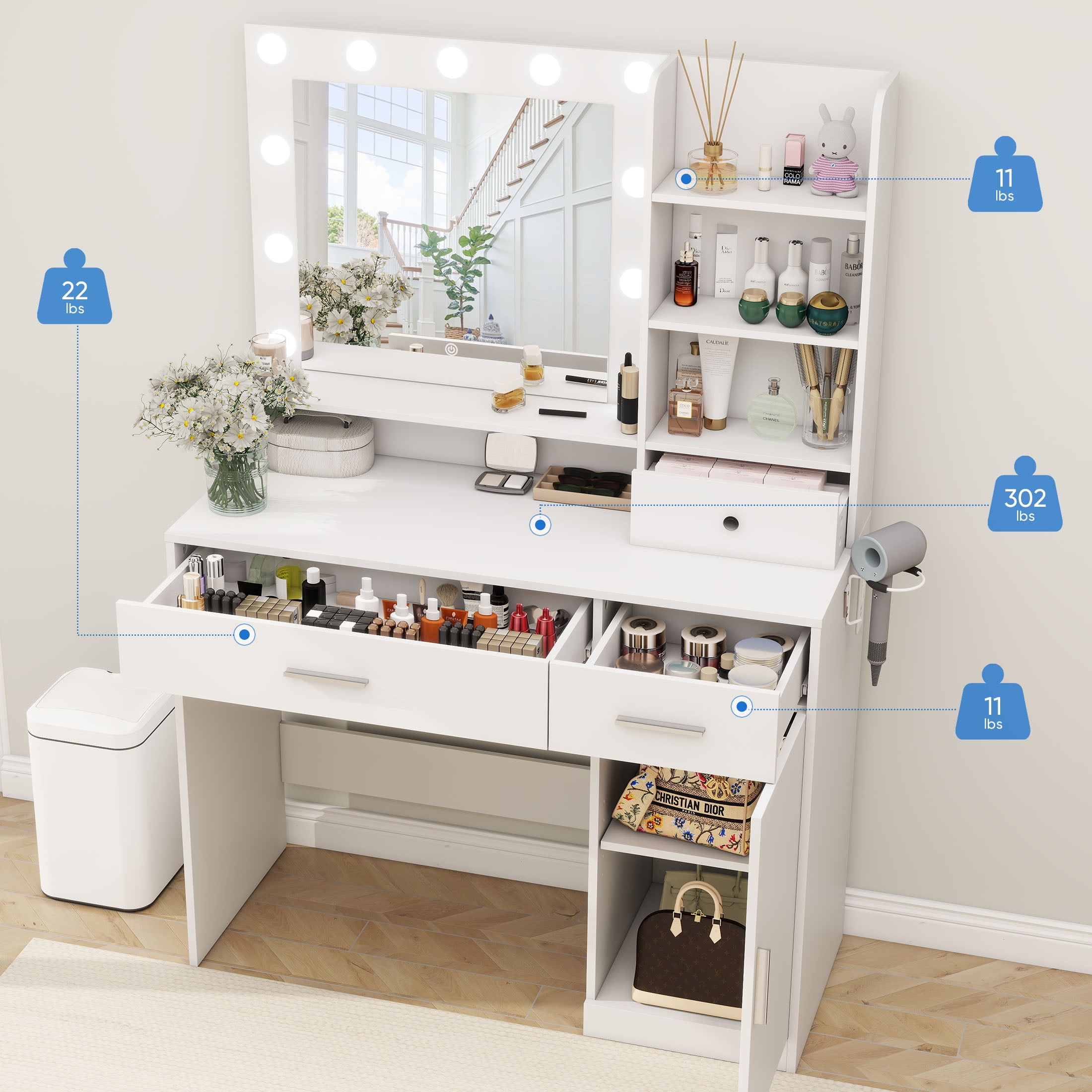 edx Vanity Desk with Mirror, Makeup Vanity Table with 3 Color Light Options Adjustable Brightness for Bedroom Dressing Room, White