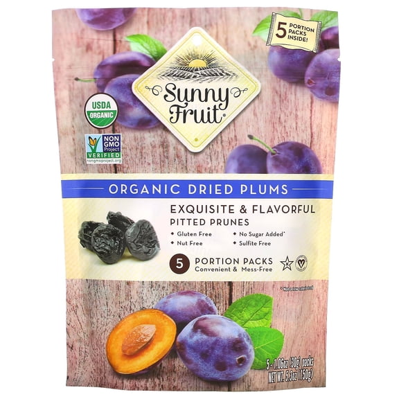 ORGANIC Prunes - Sunny Fruit - (5) 1.06oz Portion Packs per Bag | Purely Dried Plums - NO Added Sugars, Sulfurs or Preservatives | NON-GMO, VEGAN & HALAL