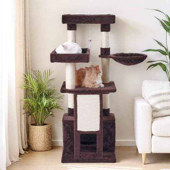 Large cat tree with scratching posts, 4-level cat tower featuring one cat house, three jumping platforms, and one side net pouch; ideal for multi-cat households; indoor-only cat furniture