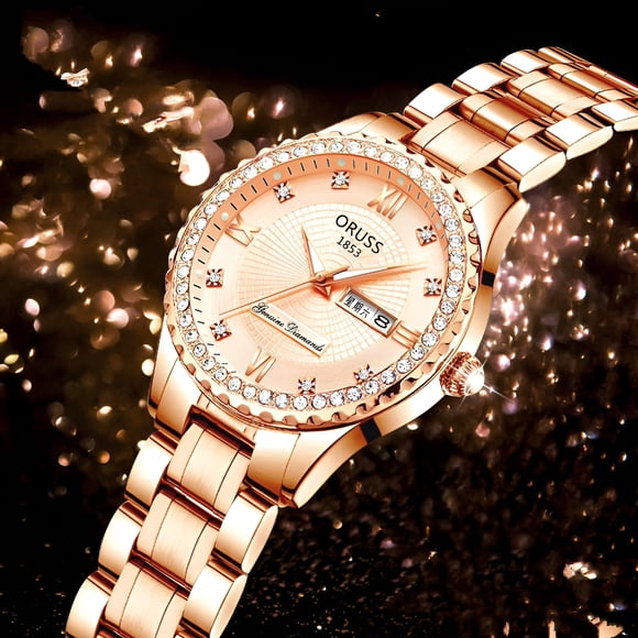 Reloj de Cuarzo con Diamantes para Mujer, Pantalla de Fecha y Día, Luminoso, Correa de Acero Inoxidable, Reloj de Pulsera de Lujo