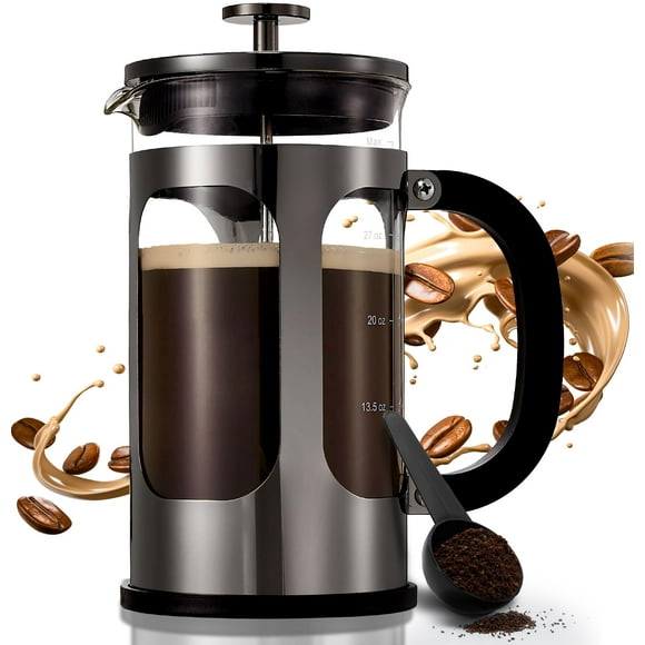 BAYKA Cafetera de prensa francesa de 34 onzas y 1 litro, prensa de café de acero inoxidable de vidrio de borosilicato espesado resistente al calor, cafetera en frío, prensa de té para cocina, viajes,