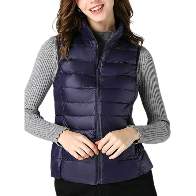 Innerwin Down Vests Sleeveless Ladies Waistcoat Work Stand Collar Lightweight Puffer Vest Navy Blue S