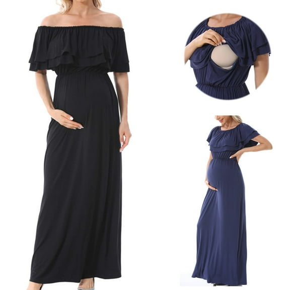 Jinhomg Womens Nursing Pregnancy Dress Trendy Off-Shoulder Ruffle Maxi Dresses Plus Size Comfy Maternity Dress for Baby Shower Prime Day 2024 Black S