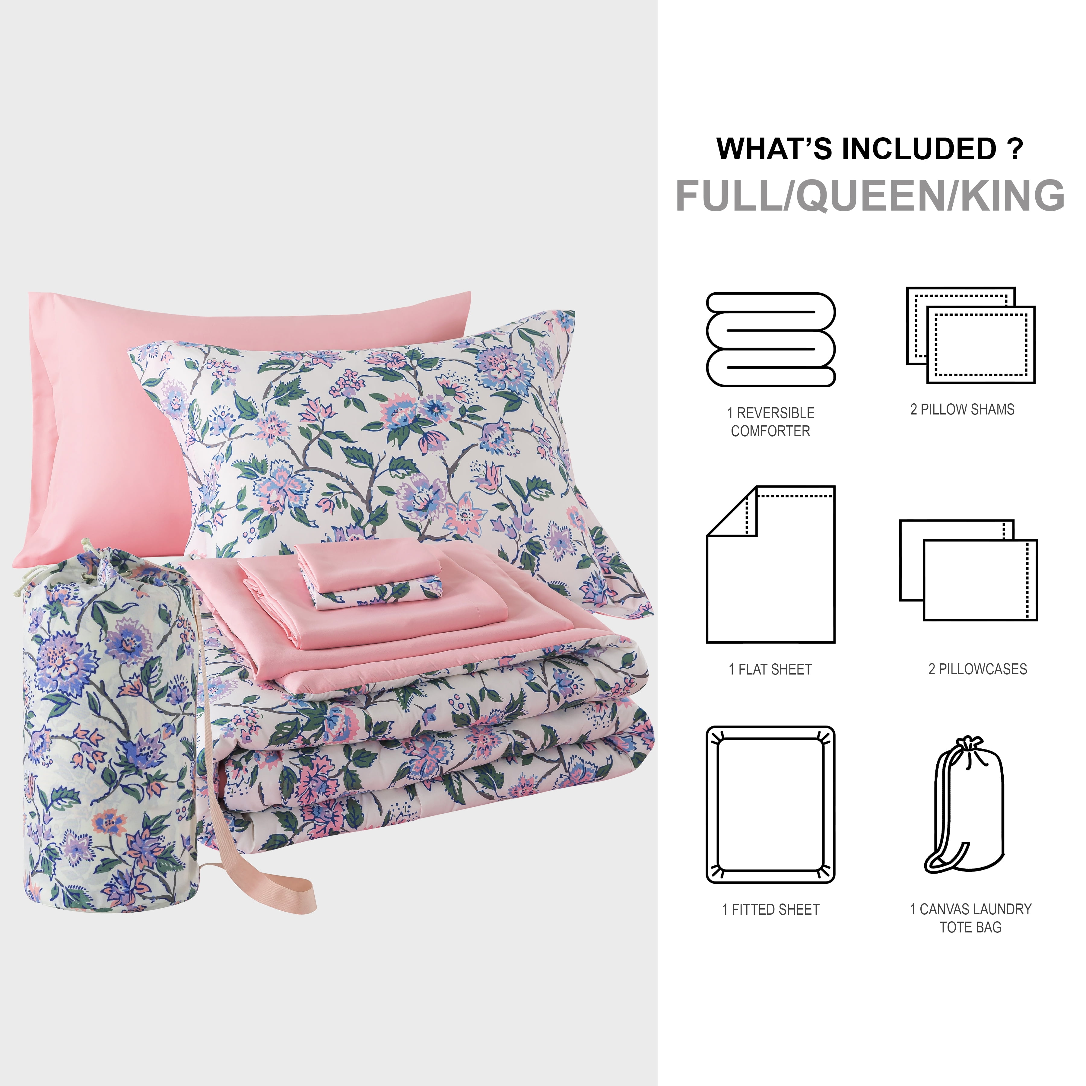 Mainstays 7-Piece Reversible Bed in a Bag with Laundry Tote, Purple Floral, Queen