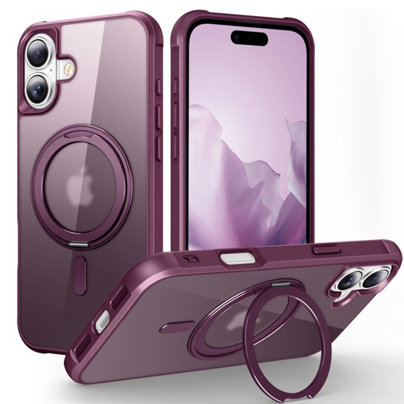 ELEHOLD Case for iPhone 16 Plus, Military Grade Protection Translucent Matte Case with 360° Rotatable Magnetic Ring Stand,Winered