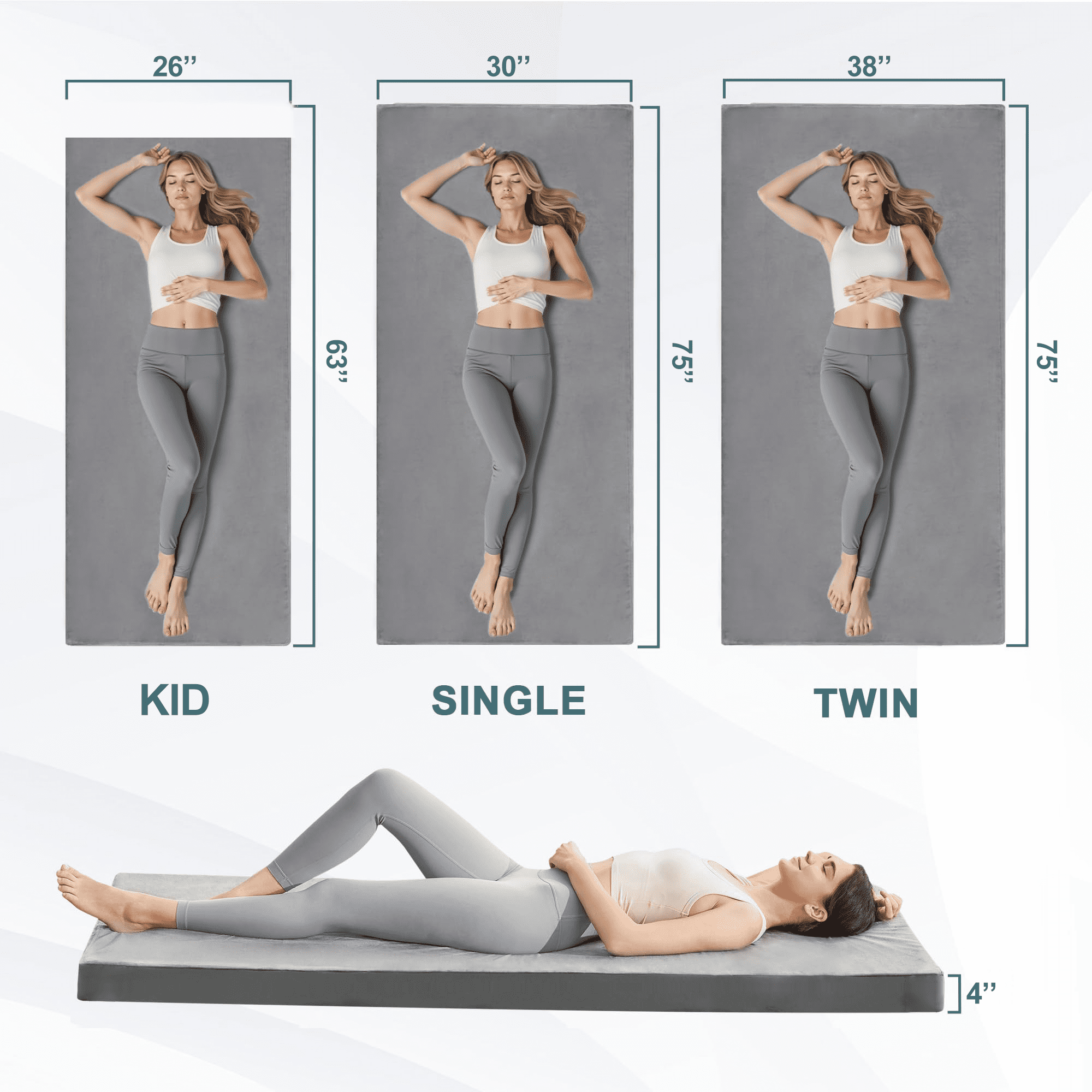 4 Inch Memory Foam Camping Mattress, Thick Sleeping Pad, Portable Floor Mat Roll Up Futon Mattress with Water-Resistant Zipper for Outdoor Activities, RVs, Guest Rooms, and Dorms, Kid Size