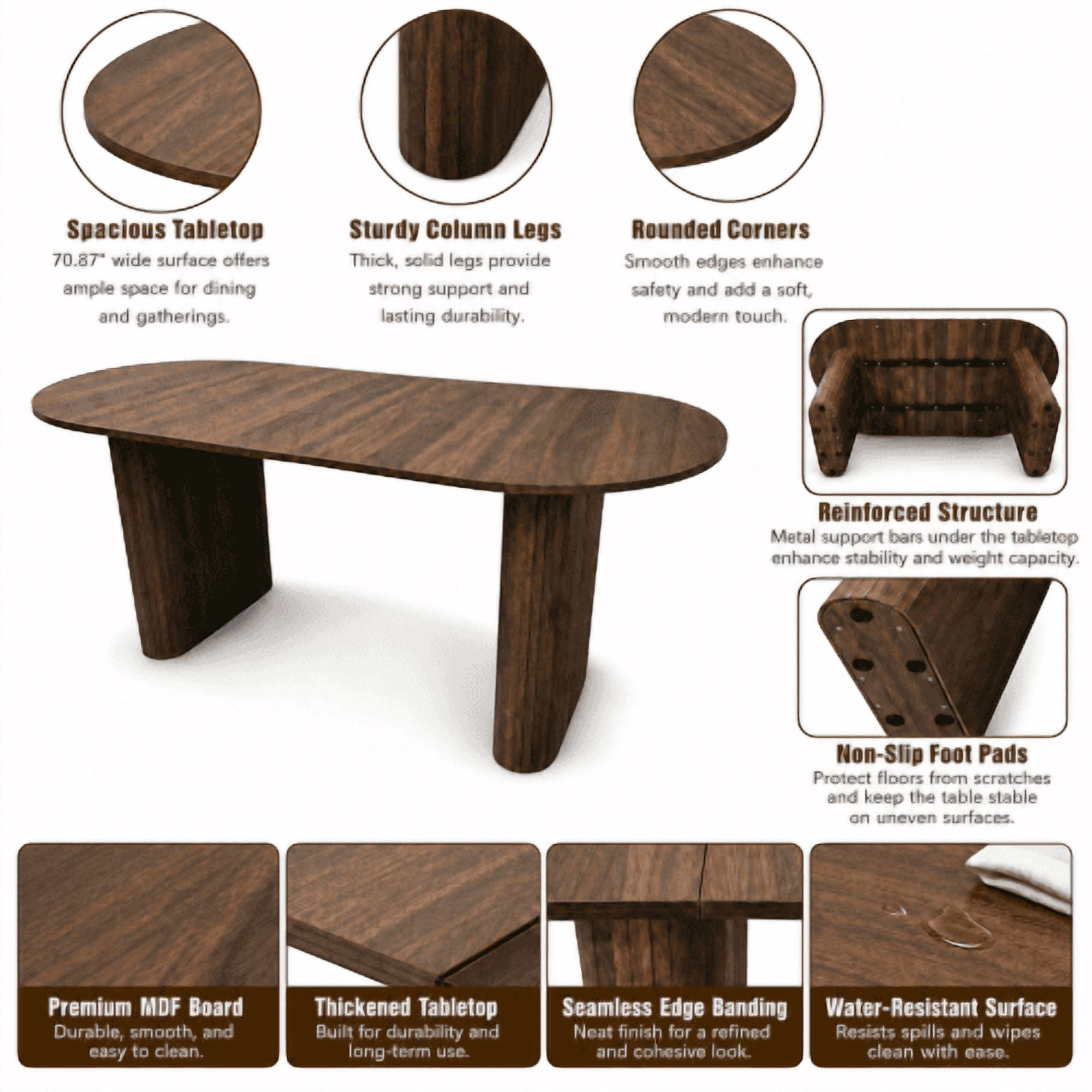 70.8" Oval Dining Table for 4-8 People, Modern Farmhouse Kitchen Table with Wood Strip Base, Walnut