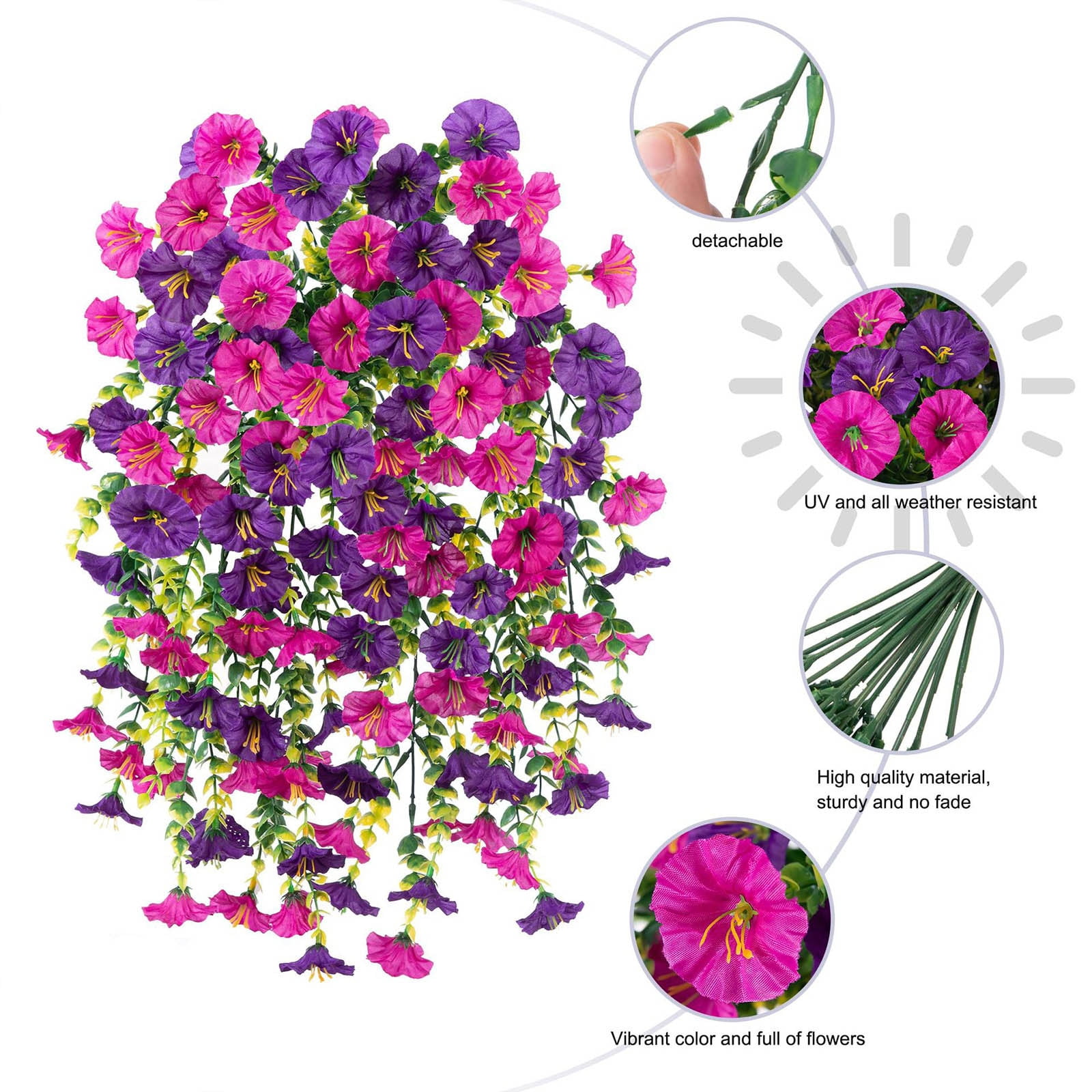 JeashCHAT 2Pcs Artificial Flowers for Outdoors Fake Hanging Decoration, Spring Summer Faux Morning Glorys Silk Flowers No Fade Floral for Home Garden Balcony Yard Porch Decor