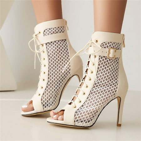 

Cathalem Ladies Fashion Solid Color Leather Mesh Splicing Belt Buckle Open Toe Back Zipper Thin Leather Sandals for Women Flat Beige 6.5