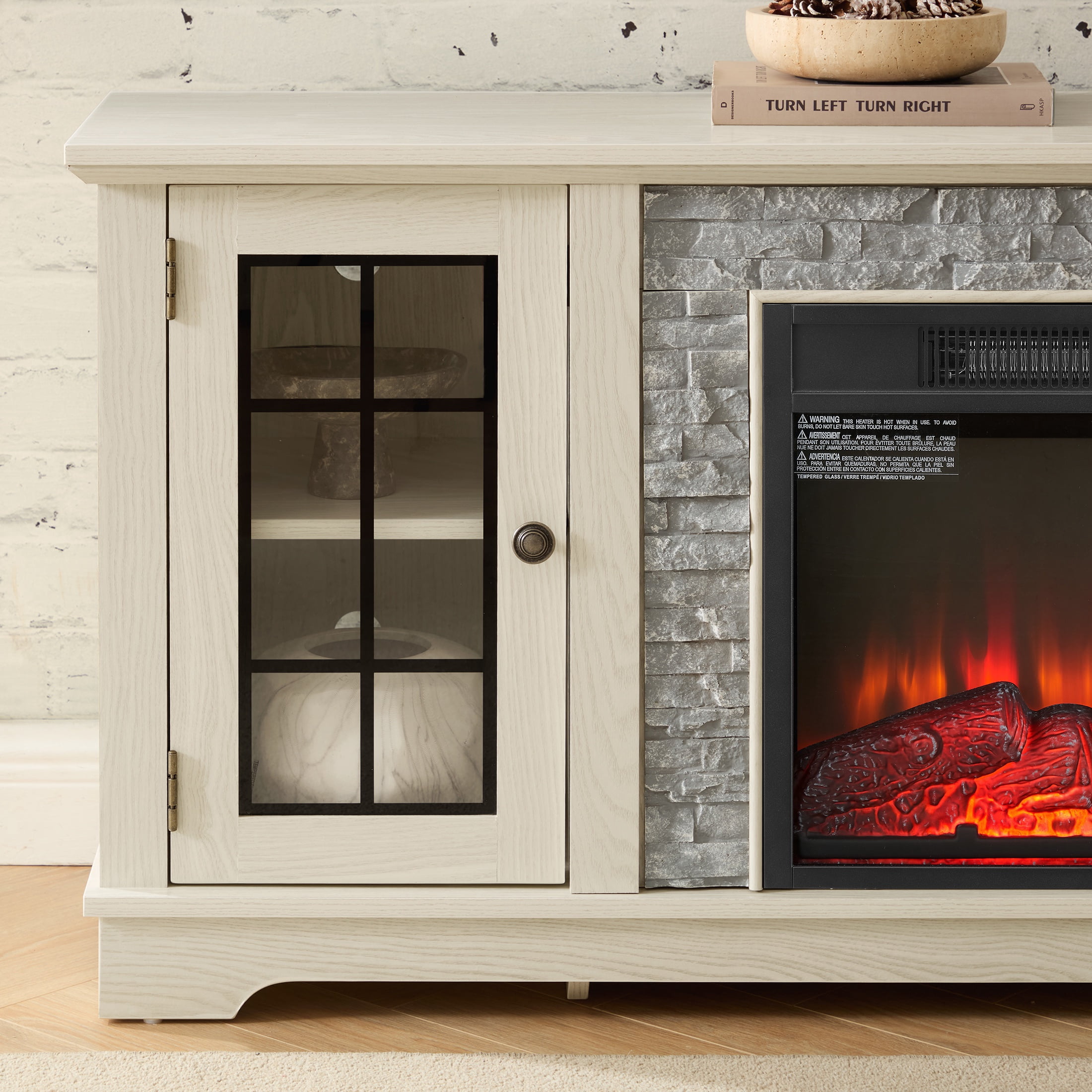Electric Fireplace TV Stand for 65″ TVs, UHOMEPRO Fireplace Entertainment Center TV Console Table with 18″ Fireplace, 2-Door Storage Cabinets, Holds up to 200 lbs, White