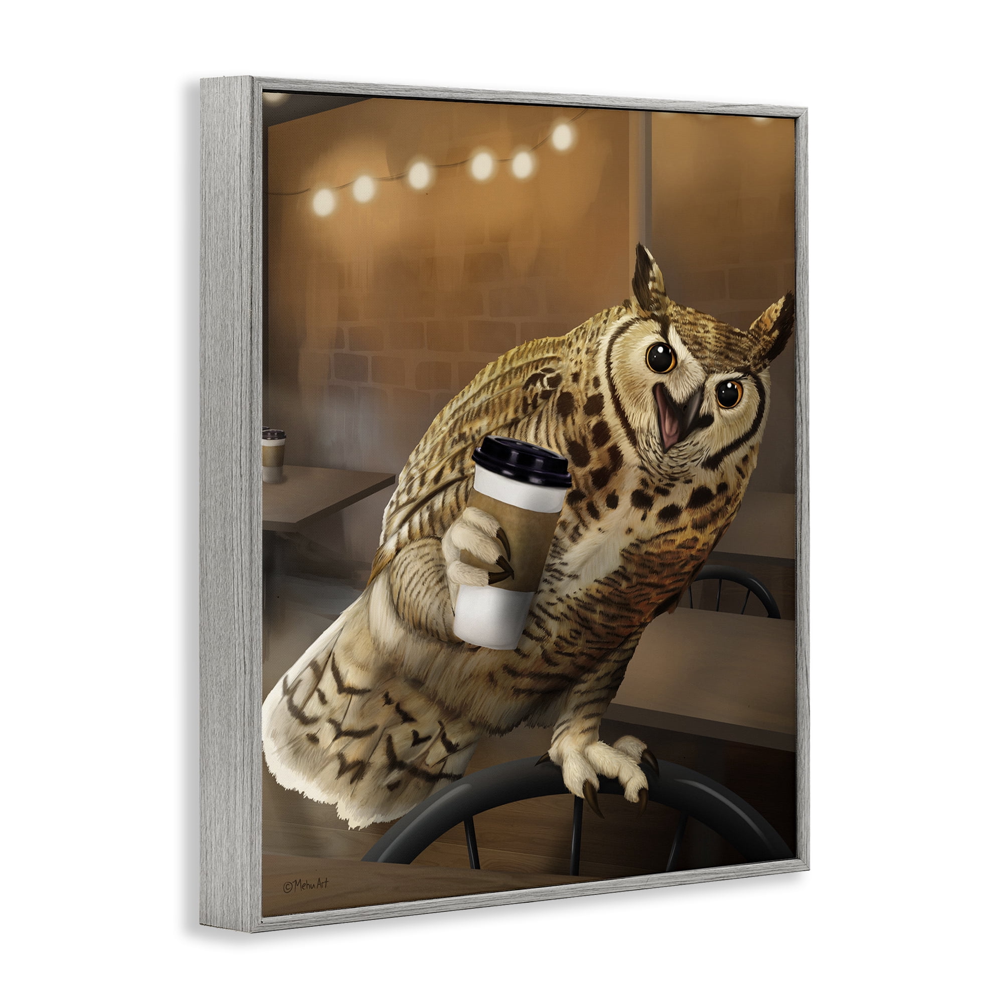 Stupell Industries Owl with Coffee Cup Food & Beverage Painting Gray Framed Art Print Wall Art, 24 x 30