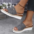 thumbnail image 4 of Women’s Denim Fabric Jute Trim Wedge Slide Sandals, Metal Button Decor Open Toe Indoor Outdoor Platform Slippers, 4 of 6