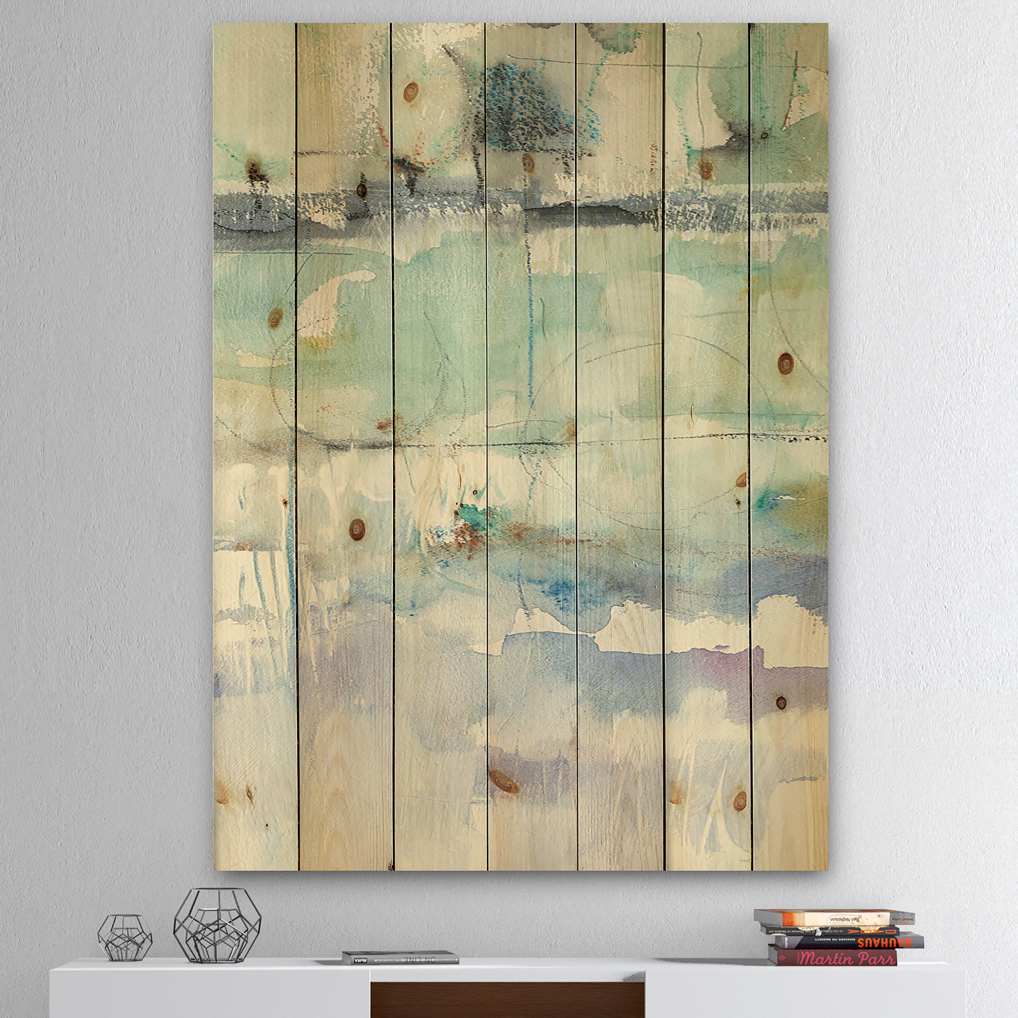 Designart 'Abstract Blue Panel II' Geometric Print on Natural Pine Wood