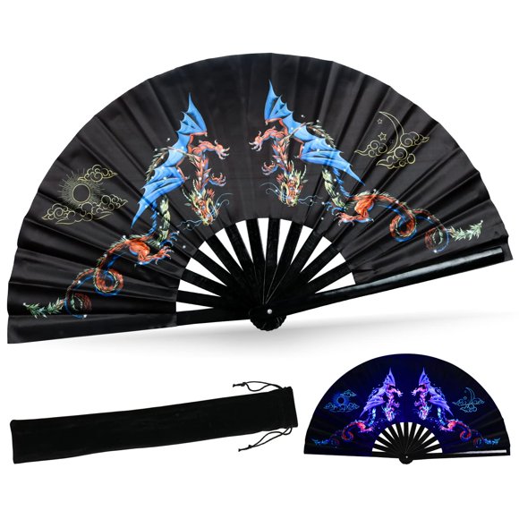Ventilador de mano plegable SYNTECSO para rave, UV Glow y Drag Queen