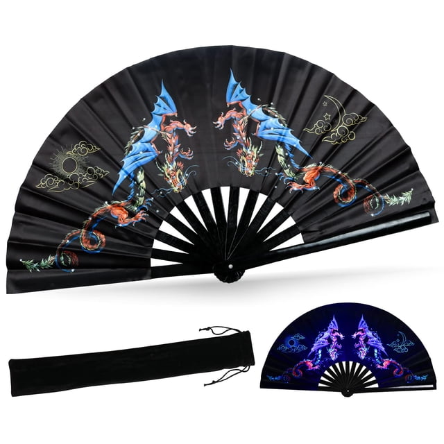 Ventilador de mano plegable SYNTECSO para rave, UV Glow y Drag Queen