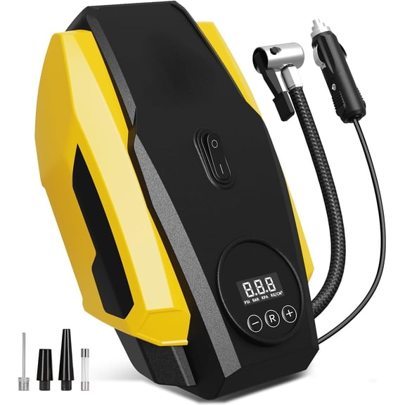 Tire Inflator Portable Air Compressor - Air Pump for Car Tires - 12V DC Compact Tire Pump with Auto Shutoff Function - Multipurpose Car Accessory with LED Light, Yellow, Medium