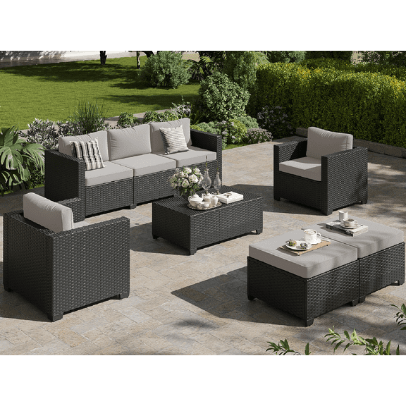 Clouddwell 5 Seats Outdoor Patio Furniture Set, All Weather Wicker Rattan Patio Sectional Sofa Sets with Storage Coffee Table and 2 Ottoman(Grey)