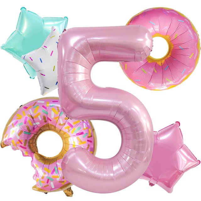 Decoraciones de cumpleaños con globos Dokuna Donut para el quinto cumpleaños