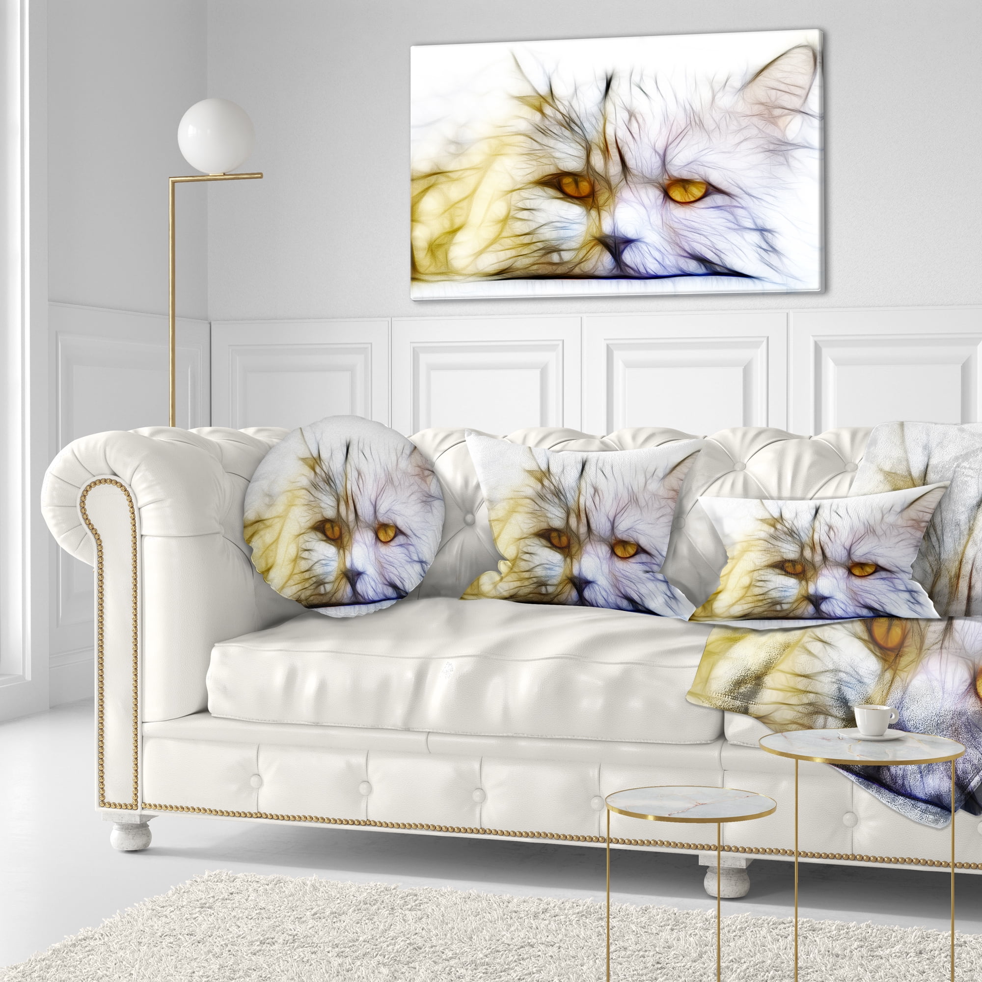 Designart Cute White Cat Fractal Illustration - Animal Throw Pillow - 12x20