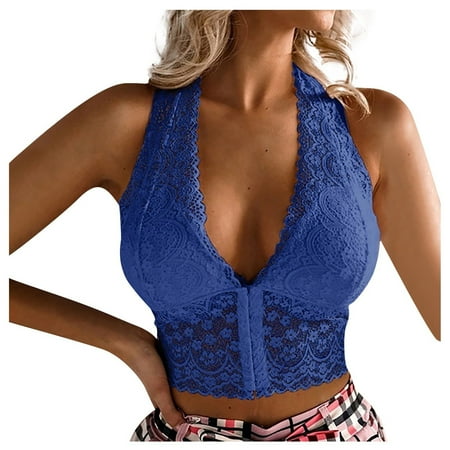 

BIZIZA Bralette for Women Lace Crop Top Sexy Plus Size Seamless Camisole Bra Blue XXL