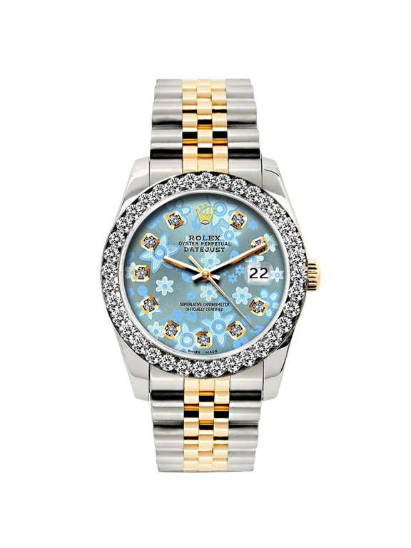 Pre-Owned Rolex Datejust 26MM 6917 Ice Blue Floral Diamond Dial Diamond Bezel Two Tone Yellow Gold Jubilee Bracelet 1.2ct