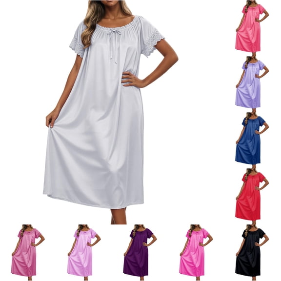 LIIPEE Womens Summer Nightgown Casual Short Sleeve Lace Sleep Dress Ladies Cozy Sleepwear