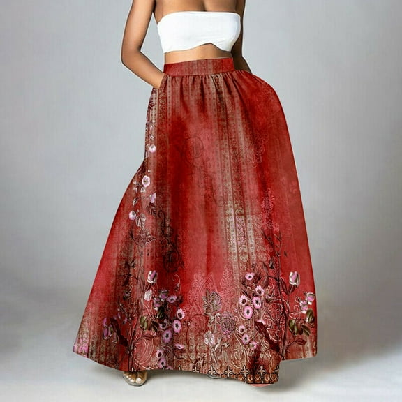 Red Womens Long Skirts Women Floral Print Skirt High Waist Party Beach Pocket Long Maxi Skirt Skirts for Women