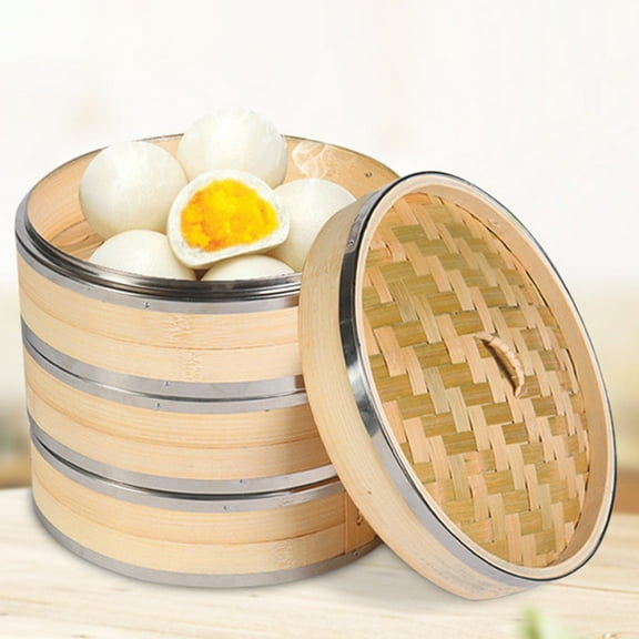 HEMOTON Bamboo Steamed Buns Steamer Basket Bamboo Steamer With Stainless Steel Border