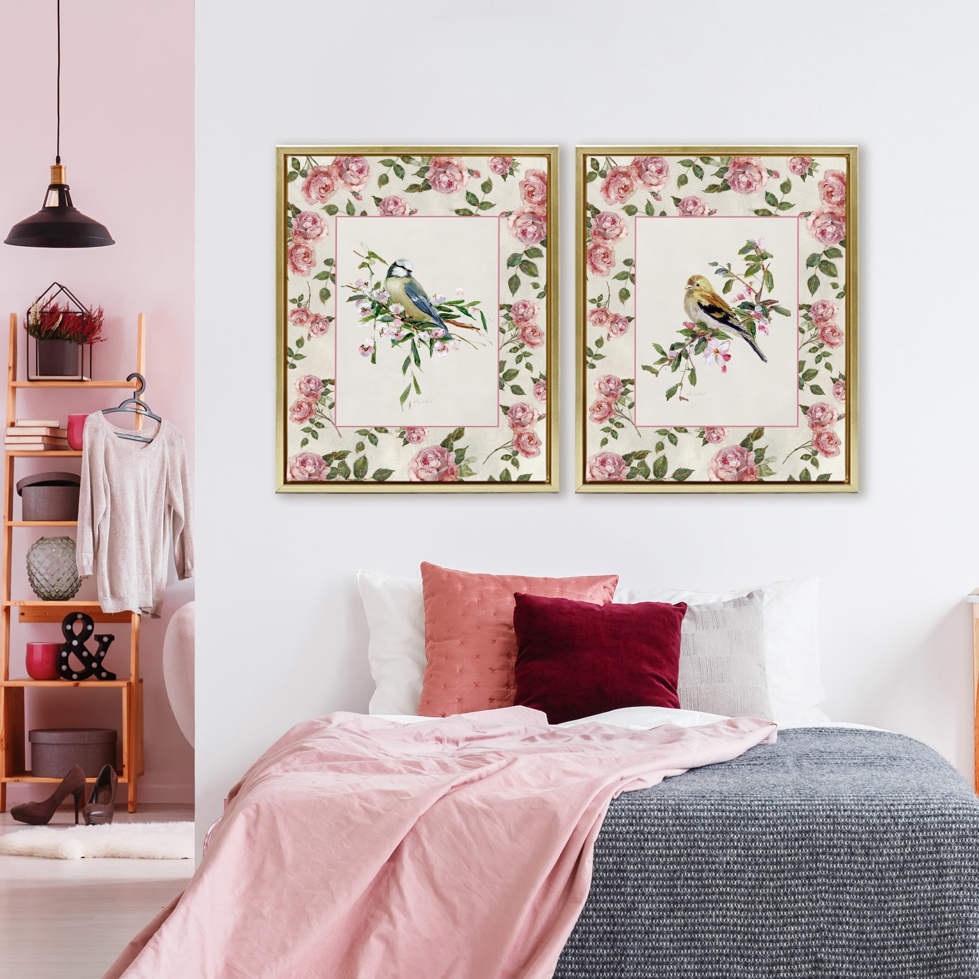 Stupell Industries Dainty Roses & Birds 2 Piece Gold Framed Floater Canvas Set, design by Sally Swatland