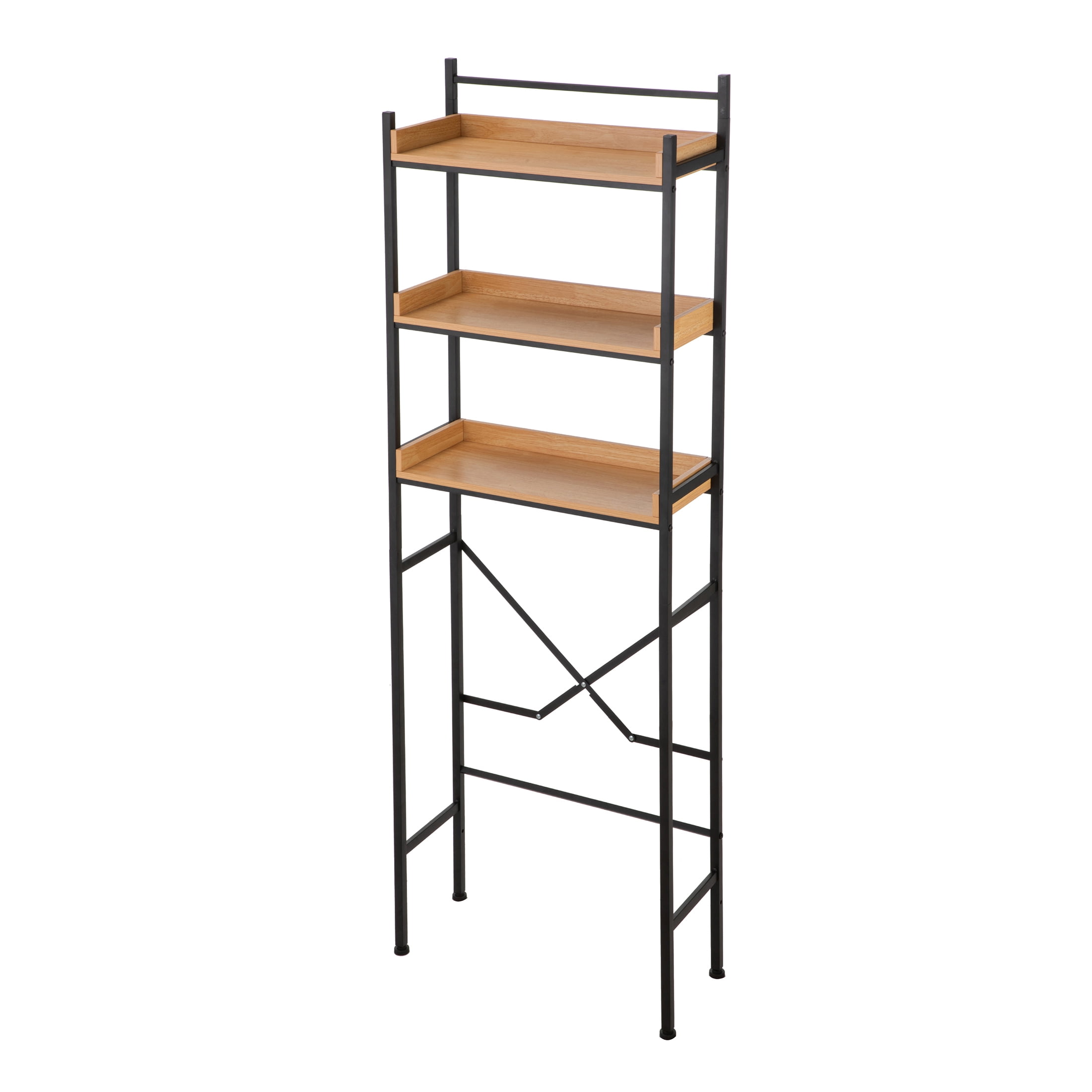 HomeZone Bathroom Quick-Assembly 3-Shelf Steel Storage Shelves with MDF Wood Grain Veneer, Matte Black