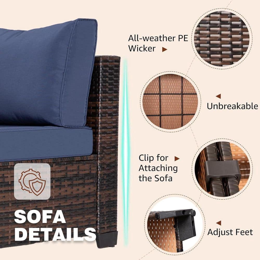 YIORTWO 7-Piece Outdoor Patio Furniture Set, PE Wicker Sectional Conversation Sofa Set with Glass Coffee Table, Weather-Resistant Cushions for Patio, Garden, Backyard, Dark Blue