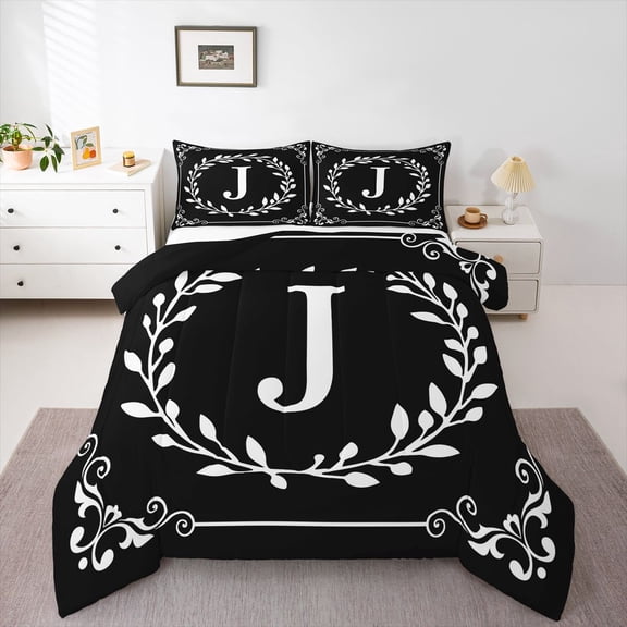Homewish Letter Monogrammed J 2pcs Bedding Comforter Set For Kids Children Teens,Exotic Style Twin Comforter Sets,Tree Leaves Breathable Bedding Set,Super Cozy Room Decor,Reversible