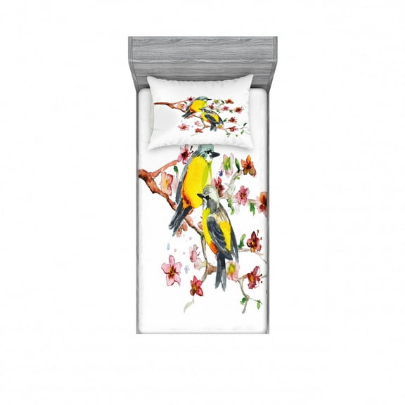 Ambesonne Nature Fitted Sheet & Pillow Sham Set, Birds on the Branches, Twin, Brown and Yellow