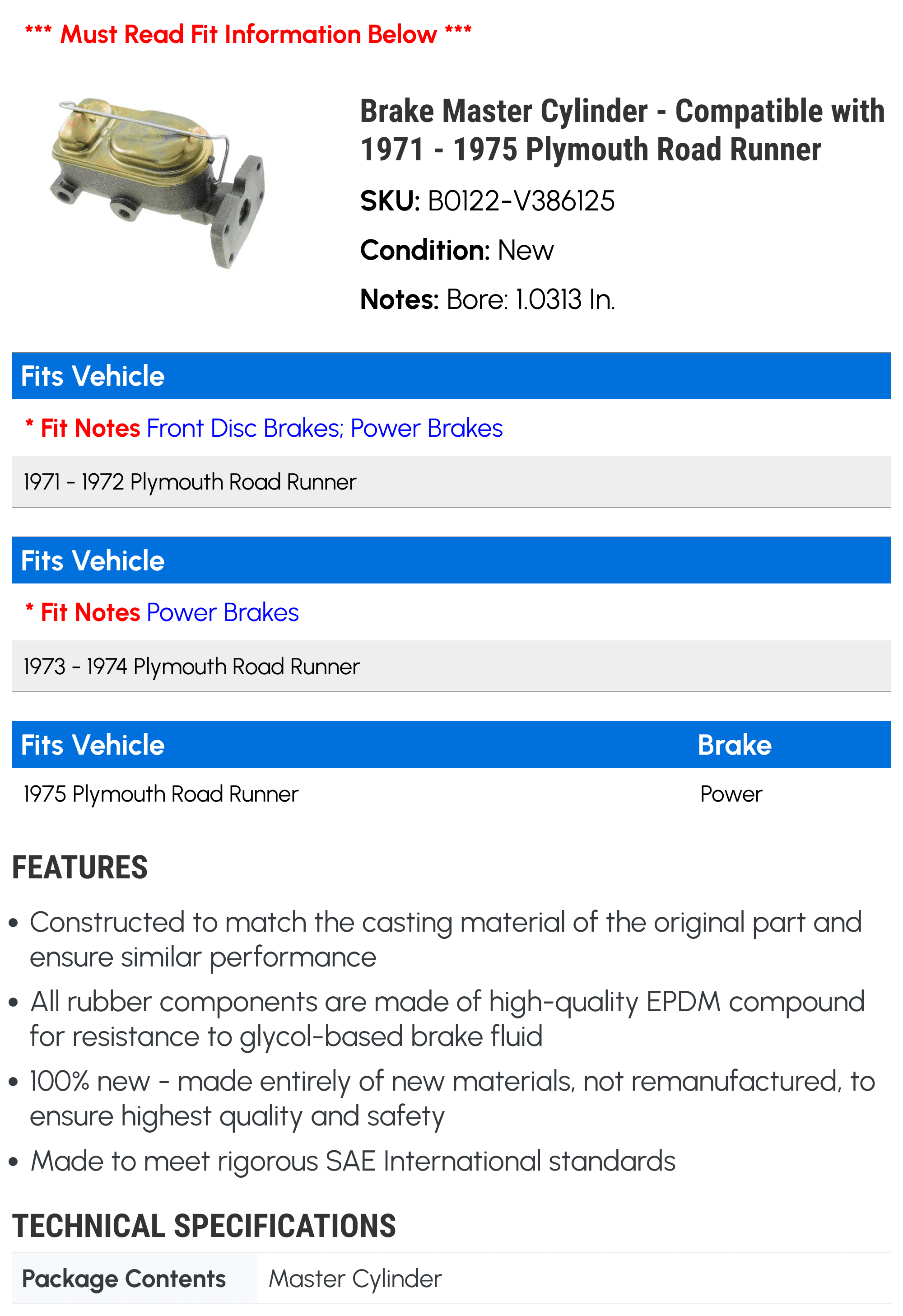 Brake Master Cylinder - Compatible with 1971 - 1975 Plymouth Road Runner 1972 1973 1974