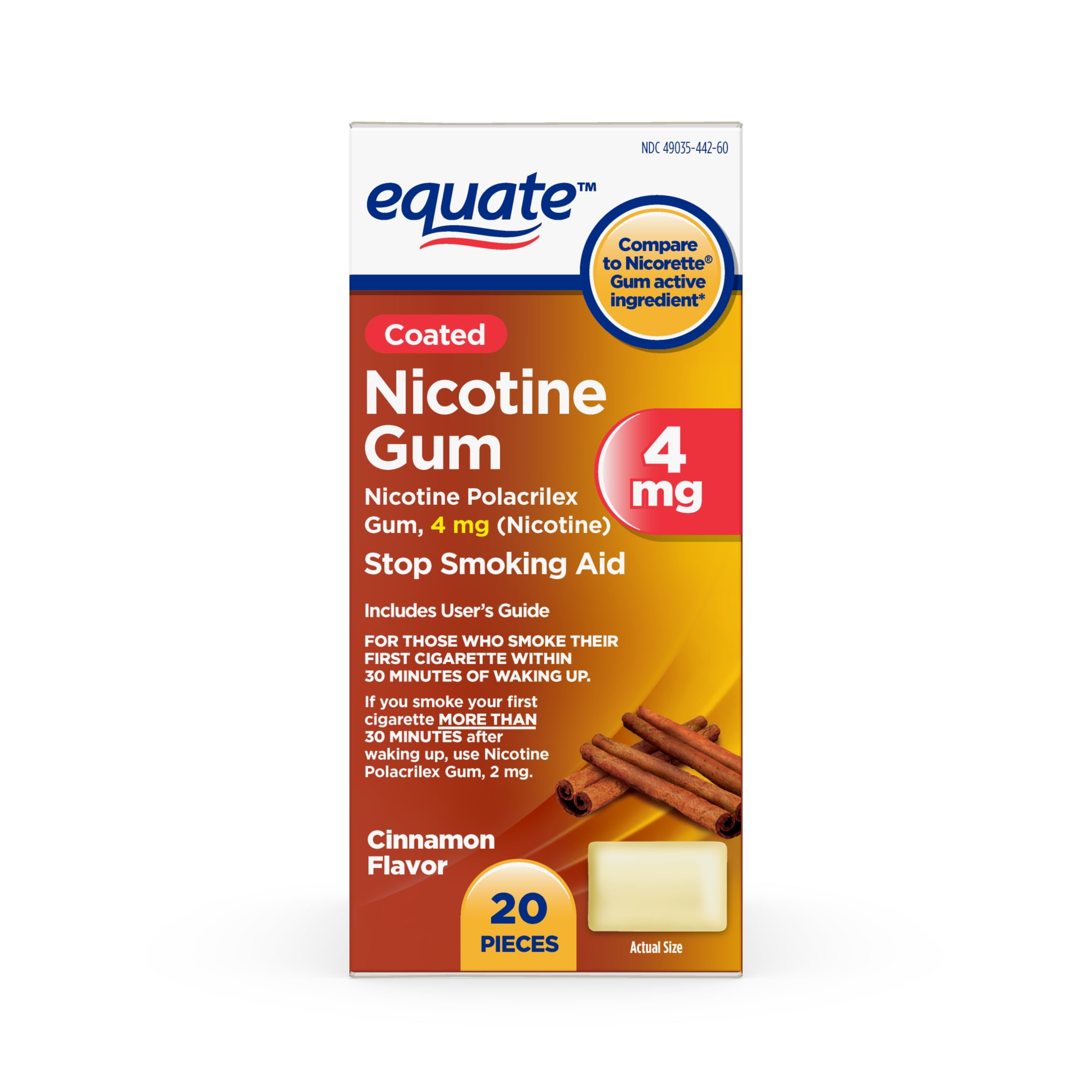 Equate Nicotine Polacrilex Coated Gum 4 mg, Cinnamon Flavor, Stop Smoking Aid, 20 Ct