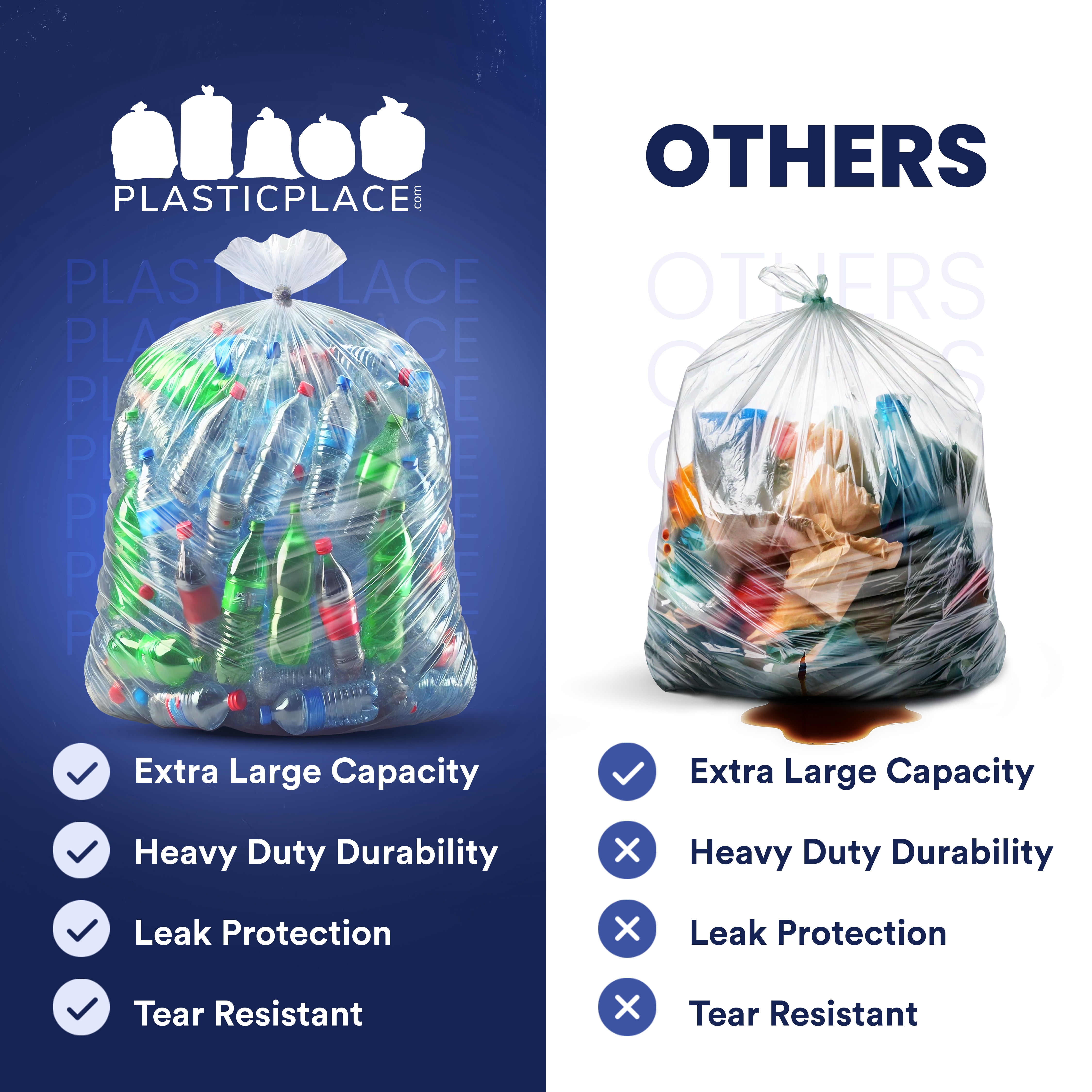Plasticplace 95-96 Gallon Garbage Can Liners │ 2 Mil │ Clear Heavy Duty Trash Bags │ 61” X 68” (25 Count)