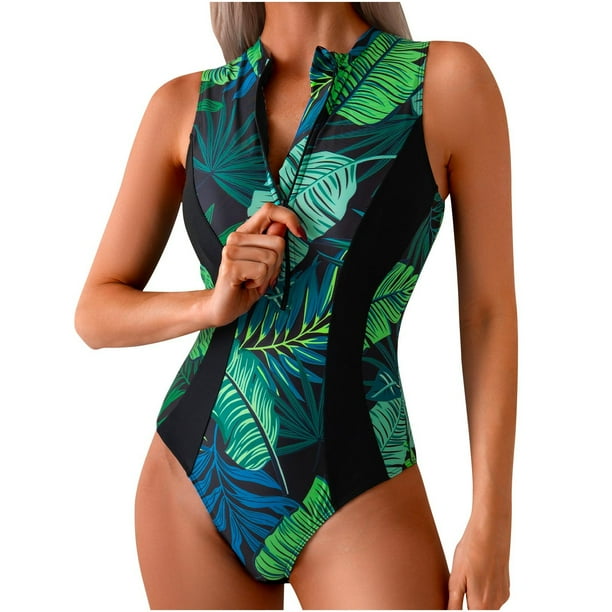 Traje de Baño de Impresión de las Mujeres, Nueva Pieza sin Espalda con Detalle de Cremallera para la Playa Y la Piscina, Moda Casual Conjunto de Trajes de Baño de Verano