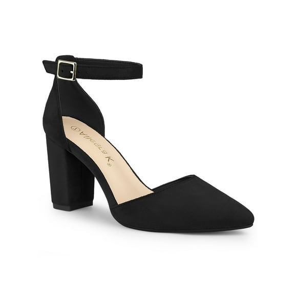 BLISSFUL STEP Women's Ankle Strap Pumps Pointed Toe High Block Heel Faux Suede Dress Shoes Black 8.5