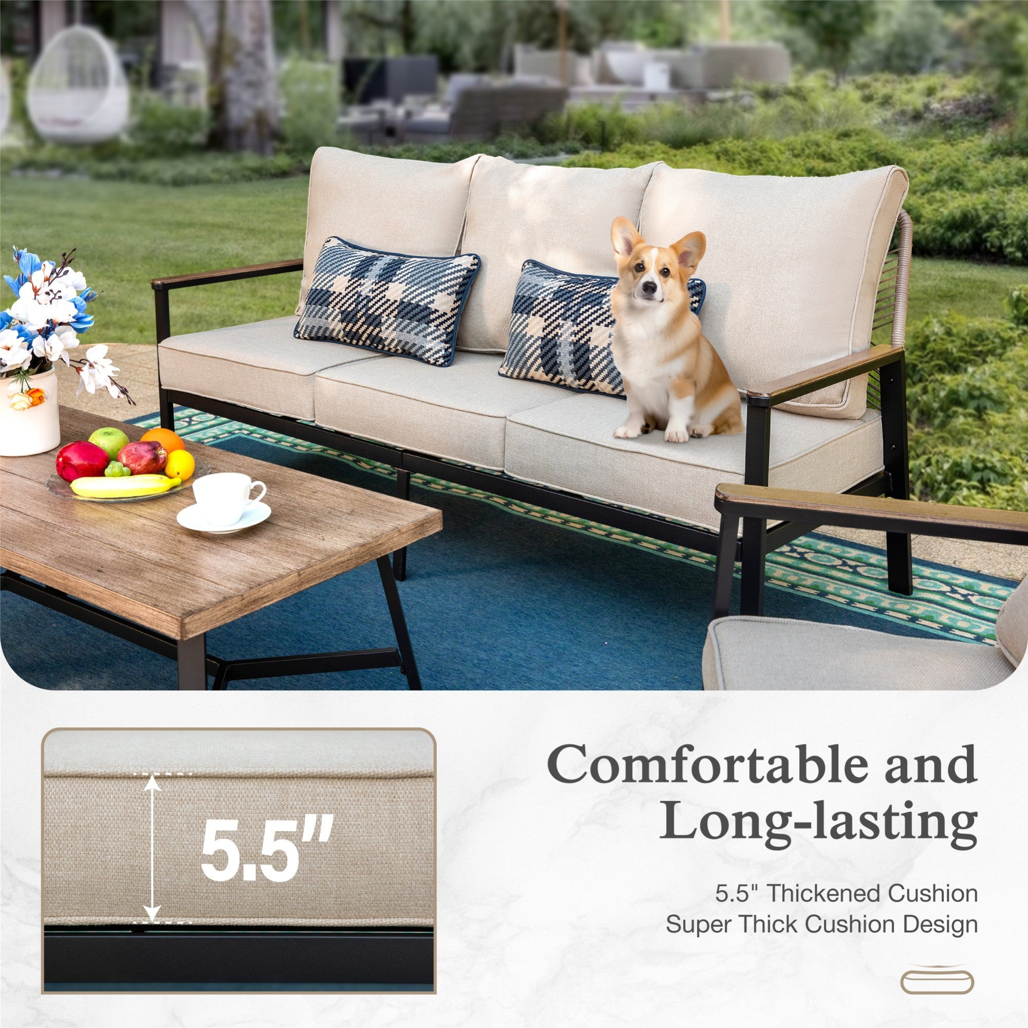 Sophia & William 4 Pieces Metal Rattan Patio Furniture Set 5-Seat Outdoor Conversation Set with Fixed Chairs, Beige