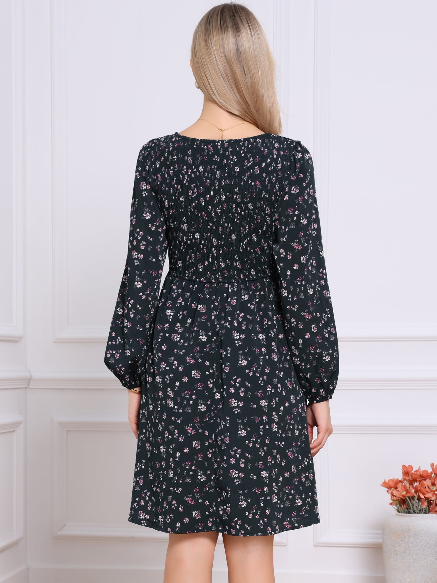 DARING DIVA Floral Smocked Long Sleeve A-Line Flowy Midi Fall Dress S Dark Blue