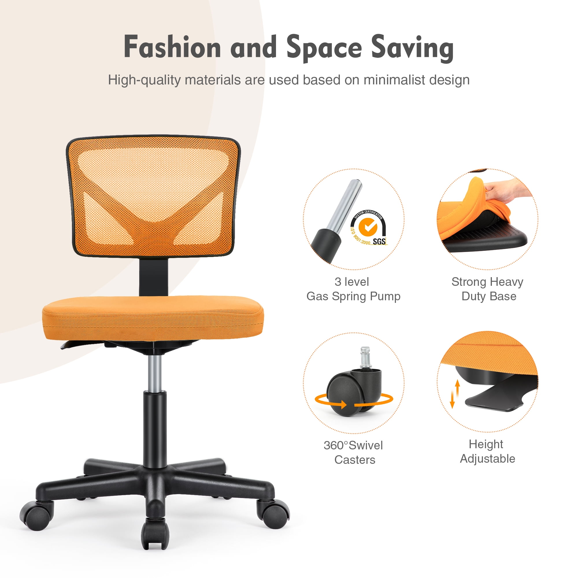 CONCETTA Mesh Office Desk Chair with Ergonomic Low-Back, Armless Design, Rolling Swivel Chair with Wheels, Orange