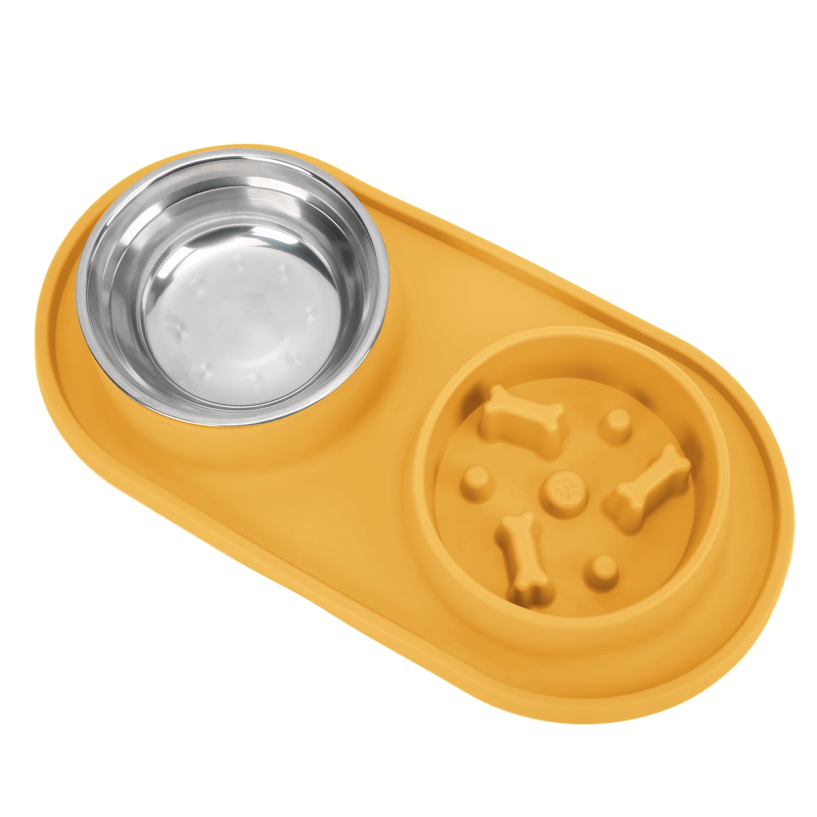 BOKYAN Silicone Slow Feeder Dog Bowl Set Double Pet Bowls with Stainless Steel Water Bowl Anti-Skid Removable Tray for Dogs and Cats Yellow