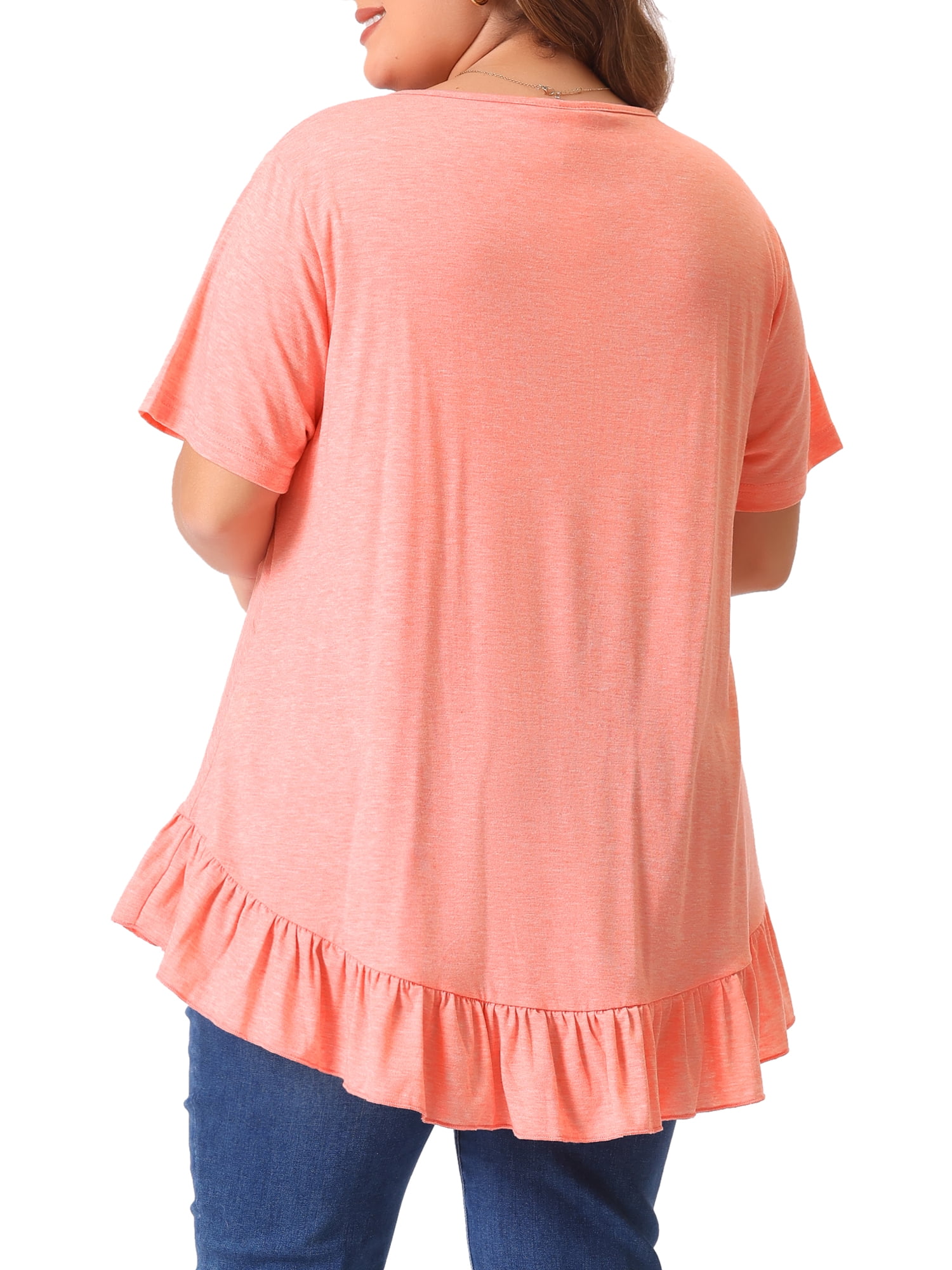 Women's Plus T Shirts Henley V Neck Button Up Short Sleeve Ruffled Hem Blouses Tops 4X Pink