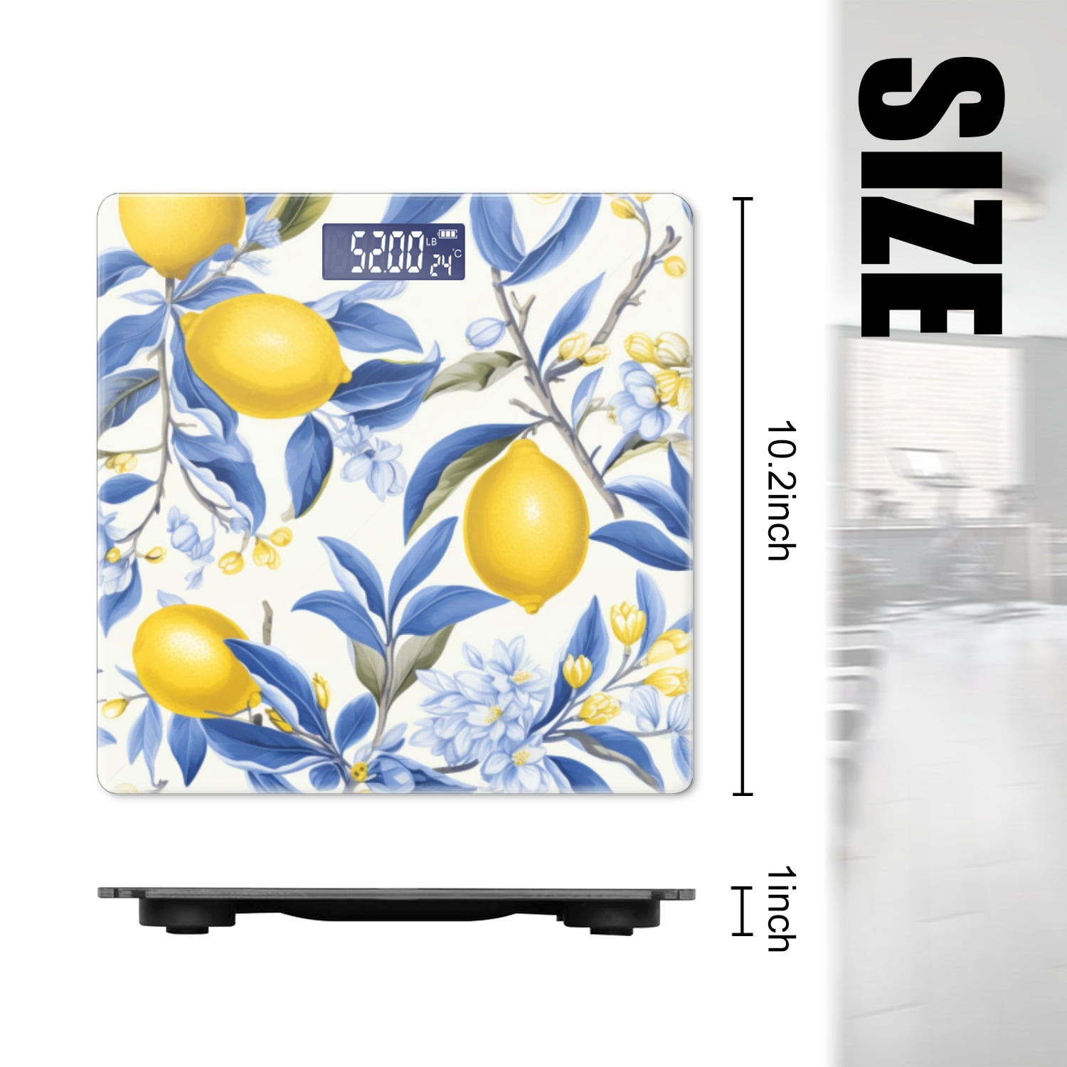 Bathroom Scale, Highly Accurate Digital Body Scale,Precisely Measures Weight up to 400 lbs-Lemon Tree With Lemons And Blue Flowers On White Background
