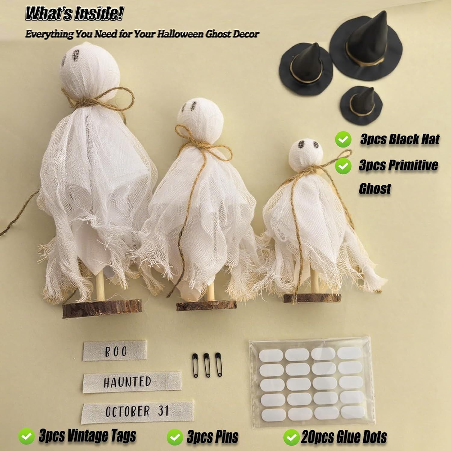 Primitive Halloween Ghost Set with Wizard Hats on Wooden Stands for Rustic Home Decor